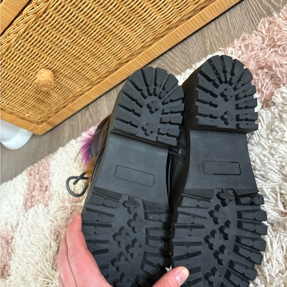 CECILIA NEW YORK Black Leather Trekker Boots with Multicolor Fur Trim - Picture 9 of 12